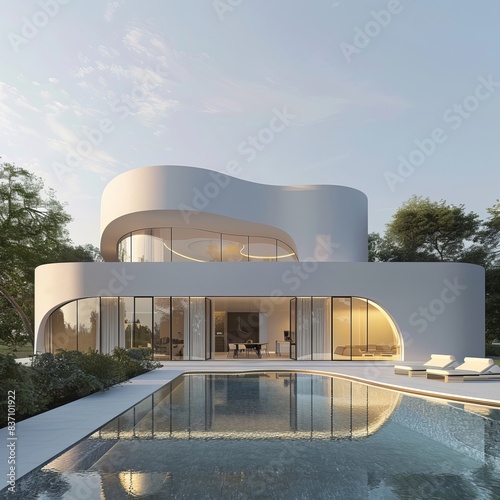 An image showing an elegant modern villa with a reflecting pool at sunset, perfect for real estate wallpaper or a luxurious background best-seller