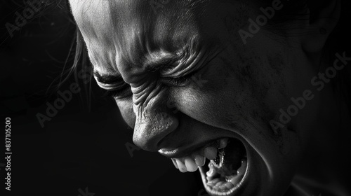 A black and white image of a person grimacing in pain, emphasizing the starkness of the experience