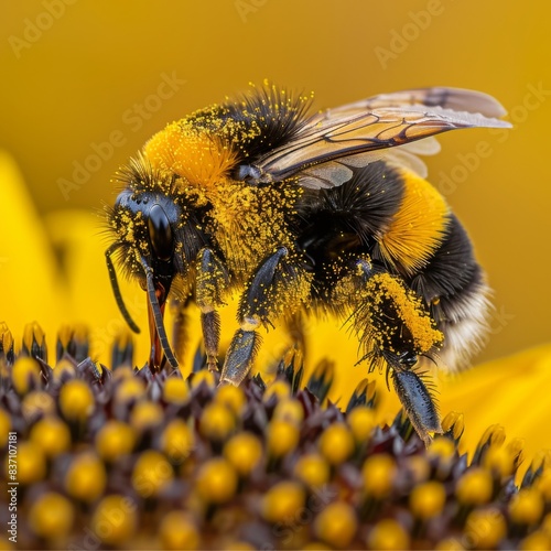 Macro shot of a bumblebee on a sunflower, the fuzzy body and wings covered in pollen, set against a blurred background