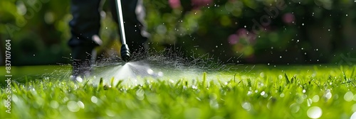 Gardener spraying pesticide on a green lawn outdoors for pest control, Close up