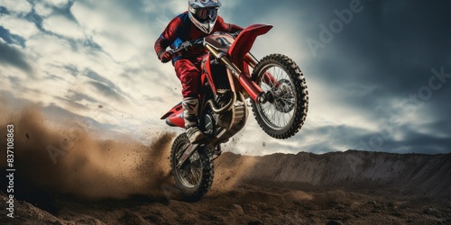 motorcycle stunt or car jump. A off road moto cross type motor bike, in mid air during a jump with a dirt trail. cnayon with blue sky