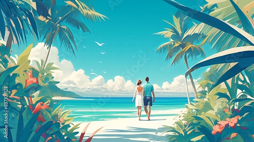 A couple of travelers happily stroll along a sunny tropical shore, embracing the summer vibe.