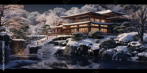 Onsen ryokan or a traditional classic modern Japanese house with Japanese garden in winter