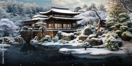 Onsen ryokan or a traditional classic modern Japanese house with Japanese garden in winter
