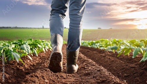 The man, a farmer, walks barefoot across the ground of a field, surrounded by nature and harvest