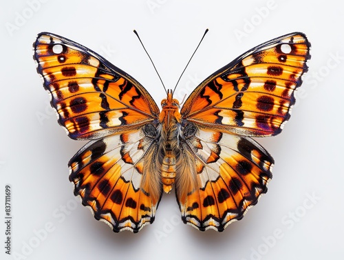 A vibrant orange and black butterfly with intricate wing patterns, isolated on a white background.
