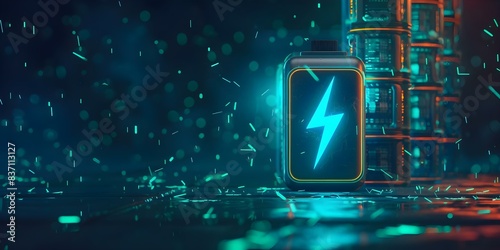 Lithium ion battery with a lightning bolt icon abstract lanterns illuminated with neon teal light battery shape on dark. Concept Lithium Ion Battery, Lightning Bolt, Abstract Lanterns