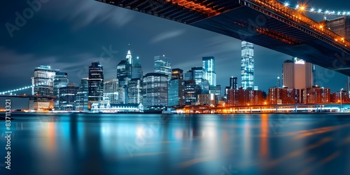Panoramic night view of New York City skyline with Brooklyn Bridge. Concept Night Photography, City Skylines, New York City, Panoramic Views, Brooklyn Bridge