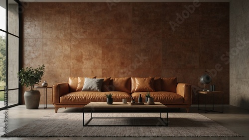 Leather terra cotta sofa near stone tiled 3d panel wall. Interior design of modern living room. Created with generative AI