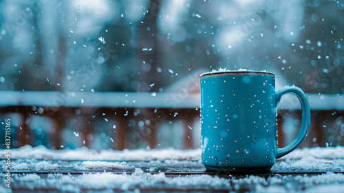 blue mug on a snowy day