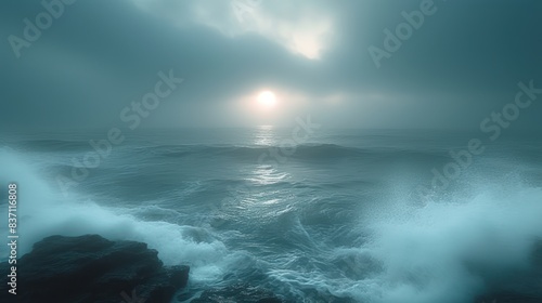 Tranquil Seascape at Dawn - A serene seascape at dawn with large rocks in the calm water, under a dramatic, cloudy sky.