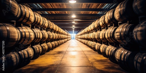 Whiskey, bourbon, scotch, wine barrels in an aging facility 
