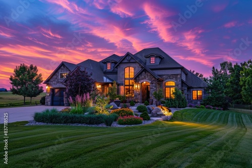 House And Sky. Luxury Home with Twilight Sky and Lush Landscaping in Nebraska