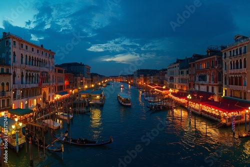 Panoramic venice night cityscape - grand canal view, romantic water trip in italy