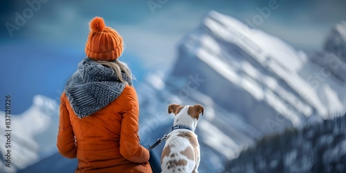 Tourist woman with dog in Banff National Park with mountain background. Concept Outdoor Photoshoot, Canadian Rockies, Pet Photography, Travel Destinations, Nature Scenery