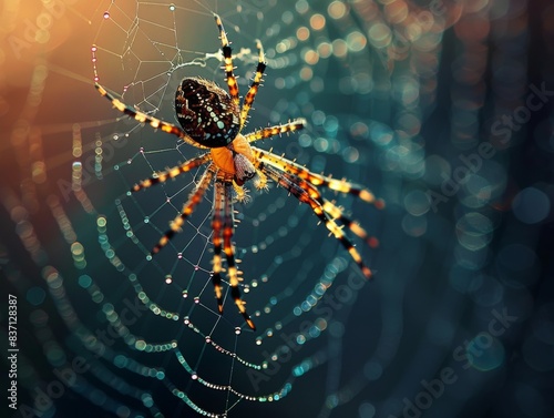 Detailed close-up of a spider weaving its web, delicate strands glistening in the light, with a dark, blurred background