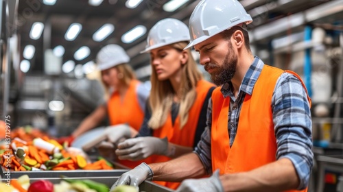 Three workers in orange vests are sorting vegetables in a factory. Scene is serious and focused, as the workers are wearing hard hats and gloves and are working with sharp objects