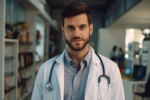 A man in a white lab coat is standing in a room with a stethoscope around his ne