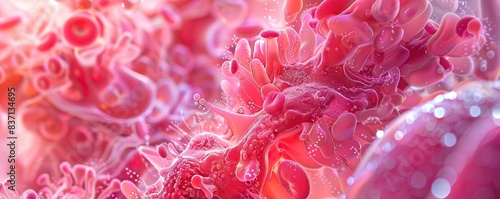 A neoninfused illustration of intestinal cell structures, artistically rendered in pink and red, focusing on detailed views from micro to macro for medical diagnostics