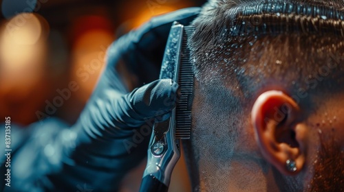 Close-up of a barber using precision clippers to create a detailed haircut
