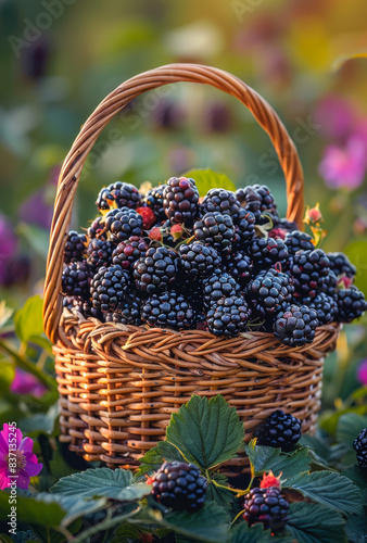 Ripe blackberries in the basket. A basket full of fresh blackberry in the garden