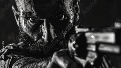 A man with a beard and a gun is holding it up. The man has a menacing look on his face
