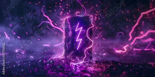 Lithium ion battery with a lightning bolt icon abstract fireworks illuminated with neon violet light battery shape on dark. Concept Lithium Ion Battery, Lightning Bolt, Abstract Fireworks