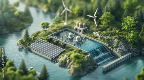 The renewable isometric tableau: wind turbines, solar panels, and the power of a hydro dam.