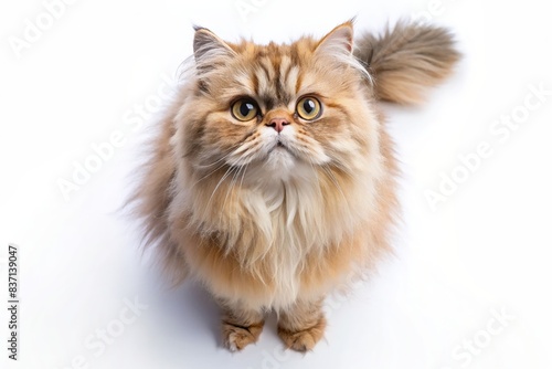 Top view of Fluffy Persian Cat with Big Eyes Sitting on White Background - Adorable Feline Pet Portrait with Long Fur and Cute Expression