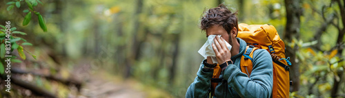 Hiker with swollen, inflamed nasal passages from mold spore exposure, blowing nose in tissue on forest trail