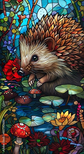 A painting of a hedgehog eating mushrooms in a pond