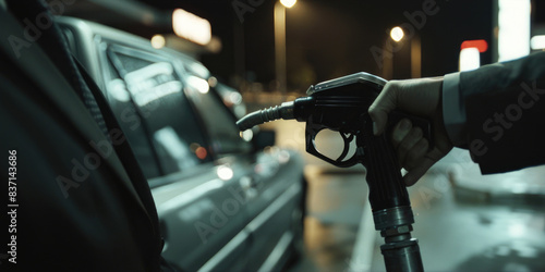 A man is filling up his car with gas. The image has a dark mood and a sense of urgency