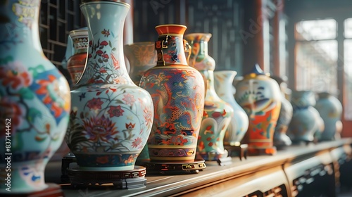 Exquisite Chinese porcelain vases displayed in an ancient imperial palace. 8k, realistic, full ultra HD, high resolution and cinematic photography
