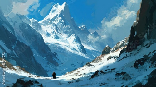 A painting of a snowy mountain with a person walking on it. The mood of the painting is serene and peaceful