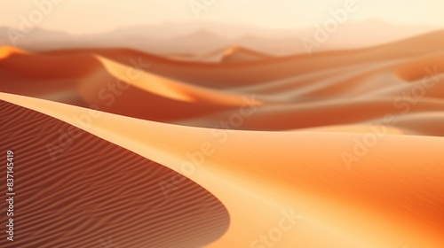 A desert landscape with a large hill in the background. The sand is golden and the sun is shining brightly