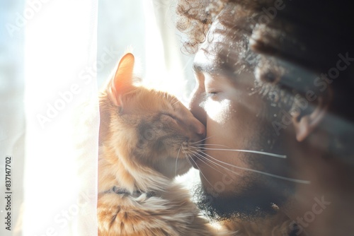 A man is kissing a cat. The cat is orange and has a collar. The man is smiling and seems to be enjoying the moment