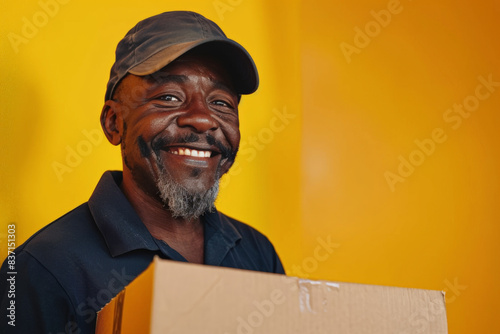 Cheerful african-american delivery man in uniform holding a cardboard box, providing reliable courier service, isolated on a vivid yellow backdrop