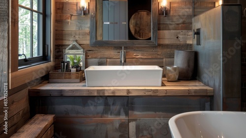 A modern rustic bathroom with reclaimed wood accents, a vessel sink, and industrial fixtures. The design is a blend of old and new. --ar 16:9 --style raw Job ID: cdf7a9d1-c46e-4907-8e57-176432687657
