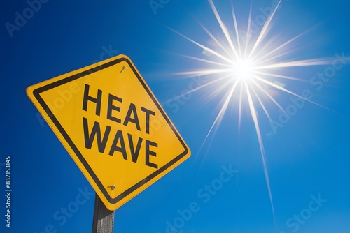 Warning sign against azure sky with HEAT WAVE message accentuated by suns brilliance