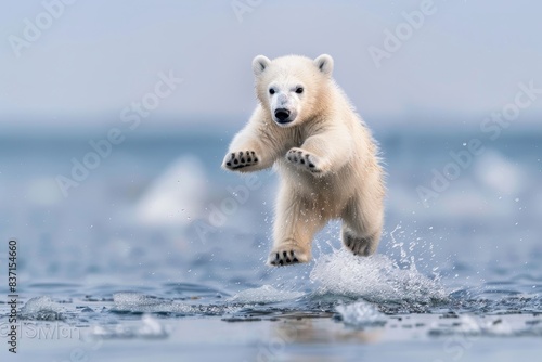 Adorable polar bear cub jumping on pack ice of spitsbergen, wildlife photography