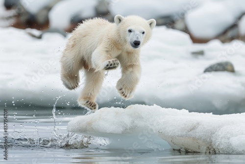 Adorable polar bear cub playfully jumping on pack ice in spitsbergen arctic wilderness