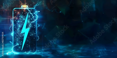 Lithium ion battery with a lightning bolt icon abstract stars illuminated with neon turquoise light battery shape on dark. Concept Technology, Battery icon, Neon lights, Turquoise glow