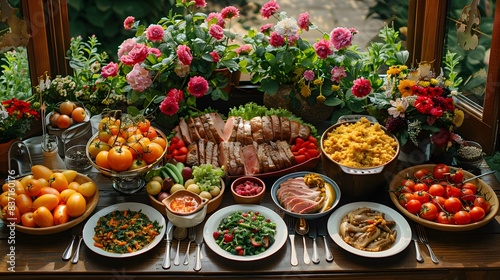 A family meal showing balanced diet plates with lean meats, whole grains, and fresh vegetables