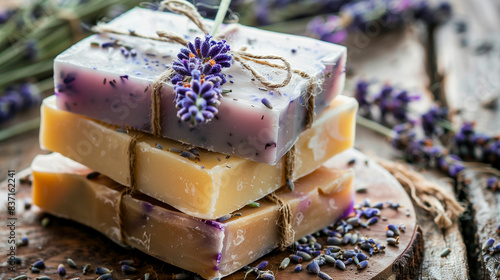 blured Bars of hand crafted homemade soap with lavender on a wooden board on the background of oil bottles