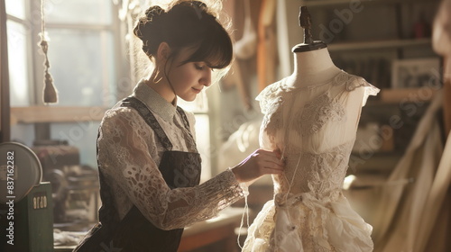 Seamstress adjusting a dress on a mannequin