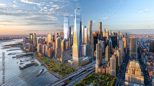 Aerial view of Hudson Yards, with its blend of skyscrapers, green spaces, and cultural venues, showcasing urban innovation and mixed-use functionality. --ar 16:9 --style raw