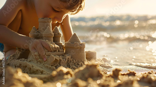 Close-up of a child building a sandcastle on the beach, high-resolution, high-definition (HD), ultra high-definition (UHD), professional-grade