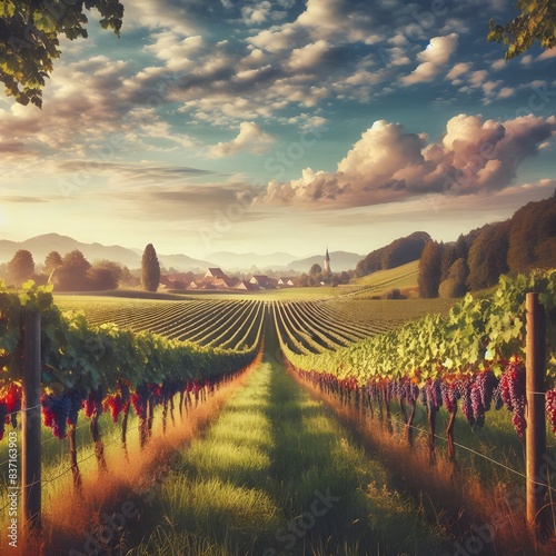 A scenic vineyard in summer, with grapevines full of ripe grapes and a clear sky overhead