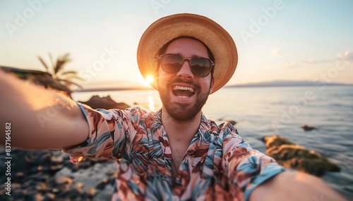 Selfie on summer vacation with beach and sea on the background.
