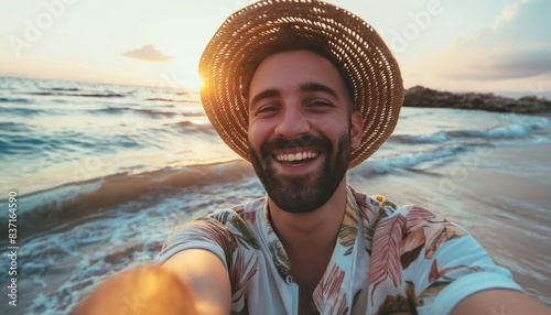 Selfie on summer vacation with beach and sea on the background.